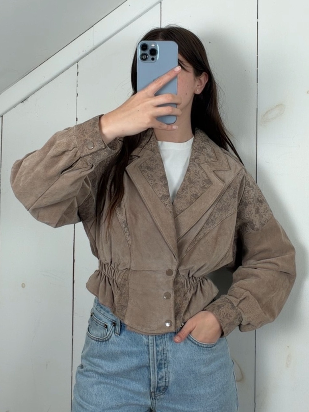 Vintage Chia Taupe‎ Tan Suede Leather Cropped Peplum Bomber Jacket Women’s Small